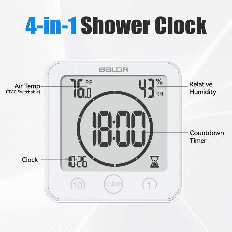 Baldr Shower Clock Waterproof Bathroom Clock with Timer/Temperature/Humidity, Digital Timers for Kids and Adults, Bath Kitchen Study, White - Image 4
